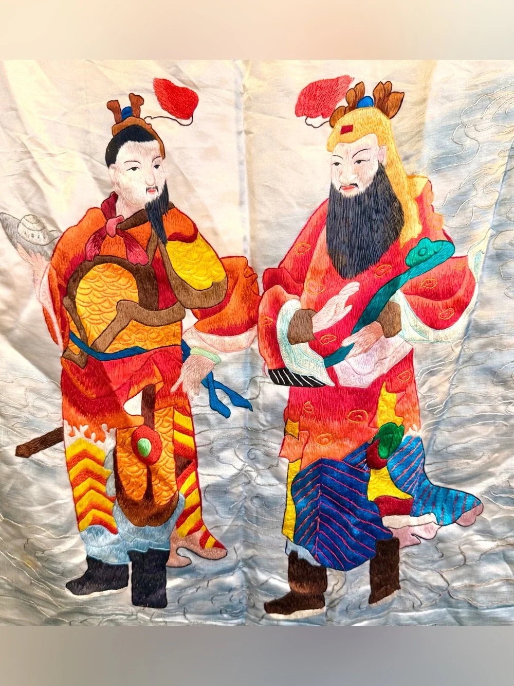 Vintage Chinese Silk Embroidery Caishen God of Wealth Wall Hanging 28x58